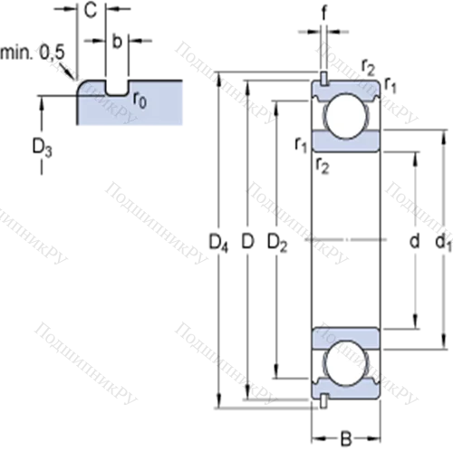 Однорядные радиальные шарикоподшипники с канавкой под стопорное кольцо 6304 NR