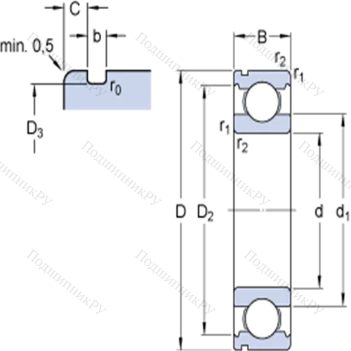 Однорядные радиальные шарикоподшипники с канавкой под стопорное кольцо 6203 N